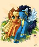  abstract_background applejack_(mlp) blonde_hair blue_hair couple cowboy_hat equine eyes_closed eyewear female feral freckles friendship_is_magic goggles green_eyes hair hat horse katiramoon male mammal my_little_pony pegasus pony skinsuit smile soarin_(mlp) straight wings wonderbolts_(mlp) 
