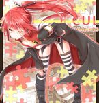  bad_id bad_pixiv_id bent_over boots cape cul earrings garter_straps jewelry jigsaw_puzzle long_hair one_eye_closed ponytail puzzle red_hair sakuragi_ren solo striped striped_legwear thighhighs thighs vocaloid 
