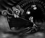  alligator ambiguous_gender balloon birthday_hat boat detailed_background equine female feral friendship_is_magic greyscale hat hereticofdune horse insane lantern mammal monochrome my_little_pony oar paddle party_hat pinkamena_(mlp) pinkie_pie_(mlp) pony reptile river scalie scowl tunnel water 