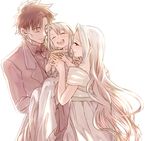  2girls brown_hair carrying child dress emiya_kiritsugu family fate/zero fate_(series) father_and_daughter formal hallch happy illyasviel_von_einzbern irisviel_von_einzbern long_hair mother_and_daughter multiple_girls necktie open_mouth princess_carry red_eyes short_hair simple_background smile suit white_background white_dress white_hair 