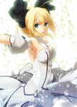  ahoge artoria_pendragon_(all) bad_id bad_pixiv_id bare_shoulders blonde_hair bow detached_sleeves dress fate/stay_night fate/unlimited_codes fate_(series) green_eyes hair_bow light_particles long_hair pochi-a ponytail saber saber_lily solo 