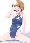 arm_up bad_id bad_pixiv_id blush breasts brown_eyes brown_hair censored competition_swimsuit convenient_censoring covering_face id_card medium_breasts mmm one-piece_swimsuit open_mouth persona persona_4 satonaka_chie short_hair smile solo spread_legs swimsuit 