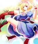  alice_margatroid ball blonde_hair blue_eyes book boots capelet dearmybrothers dress hairband highres open_mouth ribbon short_hair smile solo string touhou 