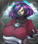  angry bad_id bad_pixiv_id breasts covered_nipples face huge_breasts kubrick_stare no_bra purple_hair red_eyes solo space_jin touhou yasaka_kanako 