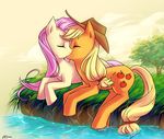  applejack_(mlp) bank blonde_hair couple cutie_mark detailed_background duo equine eyes_closed female feral fluttershy_(mlp) friendship_is_magic grass hair hat hi_res horse katiramoon kissing lesbian mammal my_little_pony pink_hair pony river stream tree water wood 