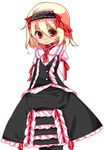  alternate_costume black_legwear blonde_hair blush dress frills hairband pantyhose red_eyes ribbon rumia shamo_(koumakantv) solo touhou white_background 