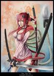  absurdres bad_id bad_pixiv_id blue_eyes breasts dual_wielding fingerless_gloves gloves hair_ornament hair_tubes heterochromia highres holding hyakka_ryouran_samurai_girls katana long_hair medium_breasts red_hair rio_(cloudlee) rope solo sword unsheathed weapon yagyuu_juubei_(hyakka_ryouran) yellow_eyes 