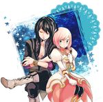  1girl black_hair blue_background boots closed_eyes coat crossed_arms crossed_legs dress embarrassed estellise_sidos_heurassein gloves green_eyes grey_footwear knee_boots leaning long_hair pants pink_hair shirou_(vista) short_hair sitting sleeping tales_of_(series) tales_of_vesperia yuri_lowell 