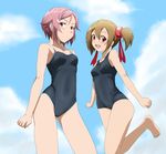  :d akou_(phoenix777) blush brown_hair day from_below hair_ornament hair_ribbon hairclip highres lisbeth long_legs multiple_girls one-piece_swimsuit open_mouth pink_hair red_eyes ribbon school_swimsuit short_hair short_twintails silica sky smile swimsuit sword_art_online twintails 