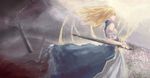  artoria_pendragon_(all) bare_shoulders blonde_hair breasts dress excalibur fate/zero fate_(series) field_of_blades hair_down half-closed_eyes highres long_hair planted_sword planted_weapon riftgarret saber sideboob small_breasts solo sword torn_clothes torn_dress weapon 
