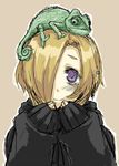  animal blonde_hair chameleon earring earrings hair_over_one_eye hood hoodie idolmaster idolmaster_cinderella_girls iguana_(animal) jewelry ofuro_mantarou purple_eyes shirasaka_koume short_hair simple_background sleeves_past_wrists smile solo 