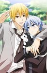  arm_around_shoulder biting blonde_hair blue_eyes blue_hair dog kise_ryouta kuroko_no_basuke kuroko_tetsuya kurot male_focus multiple_boys necktie smile tetsuya_ni_gou yellow_eyes 