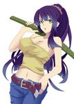  :o belt breasts buckle camisole covered_nipples denim green_eyes jeans kore_wa_zombie_desu_ka? large_breasts long_hair macha midriff navel pants ponytail purple_hair seraphim_(kore_wa_zombie_desu_ka?) solo sword weapon 