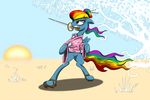  abstract_background clothed clothing equine female friendship_is_magic grass hair hereticofdune hi_res horse mammal multi-colored_hair my_little_pony pegasus pony purple_eyes rainbow_dash_(mlp) rainbow_hair samurai sandals solo sword tree weapon wings wood 