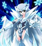  1girl armor duel_monster elemental_hero_absolute_zero genderswap green_eyes long_hair personification silver_hair yu-gi-oh! 