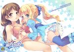  2girls ass blonde_hair blue_eyes blue_legwear blue_striped_panties blush breasts brown_eyes brown_hair dress hair_ribbon hand_holding lingerie long_hair looking_back multiple_girls navel negligee open_mouth original panties payot pointy_ears ponytail ribbon rori_chuushin sidelocks smile striped striped_panties thighhighs underwear 