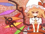  ascot bad_id bad_pixiv_id blonde_hair bow collarbone crystal demekyon fang flandre_scarlet hat hat_bow laevatein puffy_sleeves red_eyes short_hair short_sleeves side_ponytail smile solo standing touhou weapon wings 