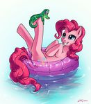  alligator ambiguous_gender blue_eyes cutie_mark equine female feral floating friendship_is_magic gummy_(mlp) hair hi_res horse inner_tube katiramoon lying mammal my_little_pony on_back pink_hair pinkie_pie_(mlp) pony purple_eyes reptile scalie simple_background smile water 