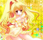  argyle argyle_background blonde_hair bow bowtie brooch brown_eyes choker cure_peace dress hair_flaps jewelry kise_yayoi long_hair lowres oreiro precure princess_form_(smile_precure!) smile smile_precure! solo star wrist_cuffs yellow yellow_background yellow_bow yellow_choker yellow_dress yellow_neckwear 