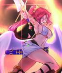  armpits bakuya bangs bare_shoulders breasts center_opening choker cleavage crown glint hair_ornament high_heels holding holding_sword holding_weapon jewelry large_breasts legs long_legs looking_at_viewer midriff open_mouth original outstretched_arm ponytail red_hair revealing_clothes running scabbard sheath shoes sideboob skirt solo sword thigh_strap thighs unsheathed weapon wings 