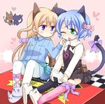  ;o animal_ears aqua_eyes blonde_hair blue_hair candy cat cat_ears cat_tail dog dog_ears dog_tail eila_ilmatar_juutilainen food food_on_face hair_bobbles hair_ornament heart long_hair military military_uniform multiple_girls necktie one_eye_closed onigiri pantyhose purple_eyes rice rice_on_face sanya_v_litvyak slippers strike_witches tail takahashi_(ichigo_no_katamari) thighhighs uniform world_witches_series 