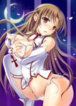  asuna_(sao) blush breast_hold breasts brown_eyes brown_hair crescent_moon himeno_komomo large_breasts long_hair looking_at_viewer moon night open_mouth panties petals shiny shiny_skin side-tie_panties solo sword_art_online thighhighs underwear untied white_legwear 