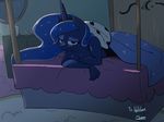 &lt;3 anthro anthrofied bed bedroom_eyes blanket blue_eyes blue_hair breasts cookie crossed_arms detailed_background equine female friendship_is_magic hair horn horse looking_at_viewer lying mammal milk my_little_pony on_front pony princess_luna_(mlp) seductive solo swomswom unicorn window 