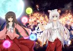  blue_eyes bow branch brown_hair collarbone fire fujiwara_no_mokou hair_bow hime_cut houraisan_kaguya jeweled_branch_of_hourai long_hair long_sleeves mikagemaru_(mikage000) moon multiple_girls night open_mouth orb pink_eyes shirt sky smile star touhou very_long_hair white_hair wide_sleeves 