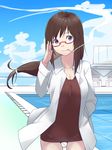  adjusting_eyewear ahoge brown_hair cigarette dress glasses grey_eyes hand_in_pocket labcoat level.21 long_hair low-tied_long_hair original ponytail pool poolside red-framed_eyewear semi-rimless_eyewear smile smoking solo under-rim_eyewear 