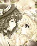  black_hair blonde_hair blurry closed_eyes depth_of_field eyelashes floral_background hair_ribbon hat hat_ribbon holding_hands imminent_kiss light_particles lips looking_at_another maribel_hearn multiple_girls parted_lips purple_eyes ribbon sepia short_hair touhou tsukiori_sasa usami_renko yuri 