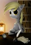  amber_eyes anthro anthrofied blonde_hair book bookshelf candle derpy_hooves_(mlp) detailed_background envelope equine feather female fire friendship_is_magic hair hereticofdune hi_res ink inkwell lantern letter looking_at_viewer mammal my_little_pony pegasus photo quill solo table wings 