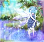  blue_dress blue_hair blue_sky blurry cirno day depth_of_field dress hair_ribbon light_particles looking_away ribbon ripples short_hair sky solo sparkle standing touhou tree tsukiori_sasa wading water wings wringing 