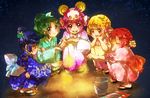  alternate_hairstyle aoki_reika bow braid candy_(smile_precure!) crown_braid fireworks hair_up hino_akane_(smile_precure!) hoshizora_miyuki japanese_clothes kimono kise_yayoi kuzumochi midorikawa_nao multiple_girls open_mouth pink_bow precure senkou_hanabi short_hair smile smile_precure! sparkler squatting 