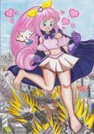  absurdres building bunker_k cape car city crush fang giantess green_eyes happy highres magical_girl motor_vehicle pink_hair rampage skirt smile vehicle 