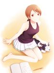  aida_riko arya_(tianhua) bare_shoulders barefoot basketball basketball_uniform brown_eyes brown_hair dog hair_ornament hairpin kuroko_no_basuke short_hair sitting skirt smile solo sportswear tetsuya_ni_gou wariza 