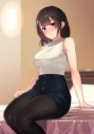  :| absurdres bangs bare_shoulders black_legwear blue_shorts blurry blurry_background blush breasts brown_hair buttons closed_mouth commentary_request feet_out_of_frame high-waist_shorts highres indoors kagematsuri large_breasts legs_together legwear_under_short long_hair looking_at_viewer nose_blush on_bed original pantyhose purple_eyes ribbed_shirt shirt short_hair shorts sitting sleeveless sleeveless_shirt solo thighs white_shirt 