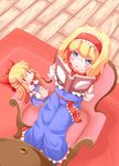  alice_margatroid bespectacled blonde_hair blue_eyes blush book chair doll from_above glasses hairband holding holding_book matching_shanghai mochinabe open_book shanghai_doll short_hair sitting solid_circle_eyes solo touhou 