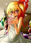  bare_shoulders bed bed_sheet blonde_hair blush cup flandre_scarlet goma_(gomasamune) hair_ribbon heart highres light_smile mug naked_sheet no_hat no_headwear red_eyes ribbon short_hair side_ponytail smile solo steam touhou wings 