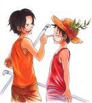  bad_id bad_pixiv_id bandaid black_hair closed_eyes freckles grin hat lead_pipe male_focus monkey_d_luffy multiple_boys one_piece open_mouth portgas_d_ace scar shirt shorts sleeveless sleeveless_shirt smile straw_hat traditional_media tsuyomaru younger 