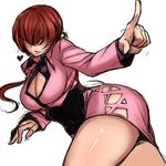  ass bakuya breasts brown_hair cleavage cleavage_cutout dress finger_wagging hair_over_eyes heart highres large_breasts lips miniskirt ponytail shermie sketch skirt solo the_king_of_fighters thighs white_background 