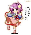  ahoge blouse bobby_socks chibi eyeball full_body hairband heart komeiji_satori long_sleeves looking_at_viewer open_hand outline purple_eyes purple_hair shadow shoes short_hair simple_background skirt smile socks solo standing standing_on_one_leg takasegawa_yui third_eye touhou white_background wide_sleeves 