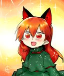  alternate_hairstyle animal_ears bad_id bad_pixiv_id blush cat_ears extra_ears hair_down kaenbyou_rin long_hair long_sleeves mizuga open_mouth pointy_ears red_eyes red_hair solo sparkle touhou 