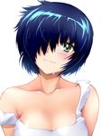  bare_shoulders black_hair blush breasts cleavage collarbone dha green_eyes hair_over_one_eye head_tilt large_breasts looking_at_viewer nazo_no_kanojo_x saliva saliva_trail shiny shiny_skin short_hair simple_background smile solo strap_slip upper_body urabe_mikoto 