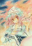  cherry_blossoms chinako ghost hat hitodama japanese_clothes pink_eyes pink_hair ribbon saigyouji_yuyuko short_hair smile solo touhou traditional_media tree triangular_headpiece watercolor_(medium) 