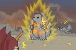  chibi city destoroyah dragon_ball dragon_ball_z glowing godzilla godzilla_(series) godzilla_junior horn humor kaiju rock spines super_saiyan surprise unknown_artist やひ 