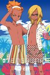  blonde_hair blue_eyes cup green_eyes hand_on_shoulder highres inazuma_eleven_(series) inazuma_eleven_go kita_ichiban long_hair male_focus male_swimwear multiple_boys nishinosora_yoichi open_clothes open_mouth open_shirt orange_hair ponytail shirt shorts smile suemitsu_dicca sunglasses swim_trunks swimwear tan 