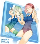  2girls ;) ;d bad_id bad_pixiv_id bow character_request cloud day green_eyes green_hair hairband holding_hands multiple_girls nakahara_(teriyaki) one-piece_swimsuit one_eye_closed open_mouth original pink_eyes pink_hair short_hair skirt sky smile swimsuit teriyaki through_screen v 