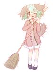  1girl animal_ears animal_tail aoki_ume_(style) bleeugee blush broom dog_ears female finger_on_mouth finger_to_mouth green_eyes green_hair kasodani_kyouko one_eye_closed open_mouth shoes short_hair simple_background sketch socks solo tail touhou white_background wink 