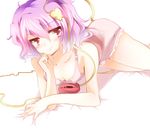  bad_id bad_pixiv_id bare_shoulders blush breast_rest breasts collarbone downblouse haruhi0816 heart komeiji_satori lying nightgown on_stomach pink_eyes pink_hair short_hair small_breasts solo squishing third_eye touhou 