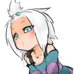  1girl blue_eyes blush dress drooling fukurou_(owl222) hair_bobbles hair_ornament homika_(pokemon) minidress pokemon pokemon_(game) pokemon_bw2 saliva short_dress simple_background solo striped striped_dress sweat topknot white_background white_hair 